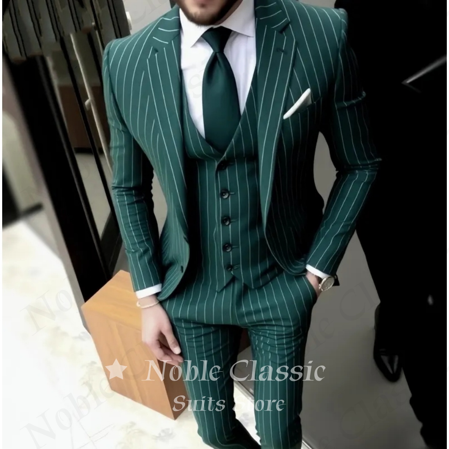 Men Formal Wear Wedding Guest - Traje de hombre verde a rayas,
