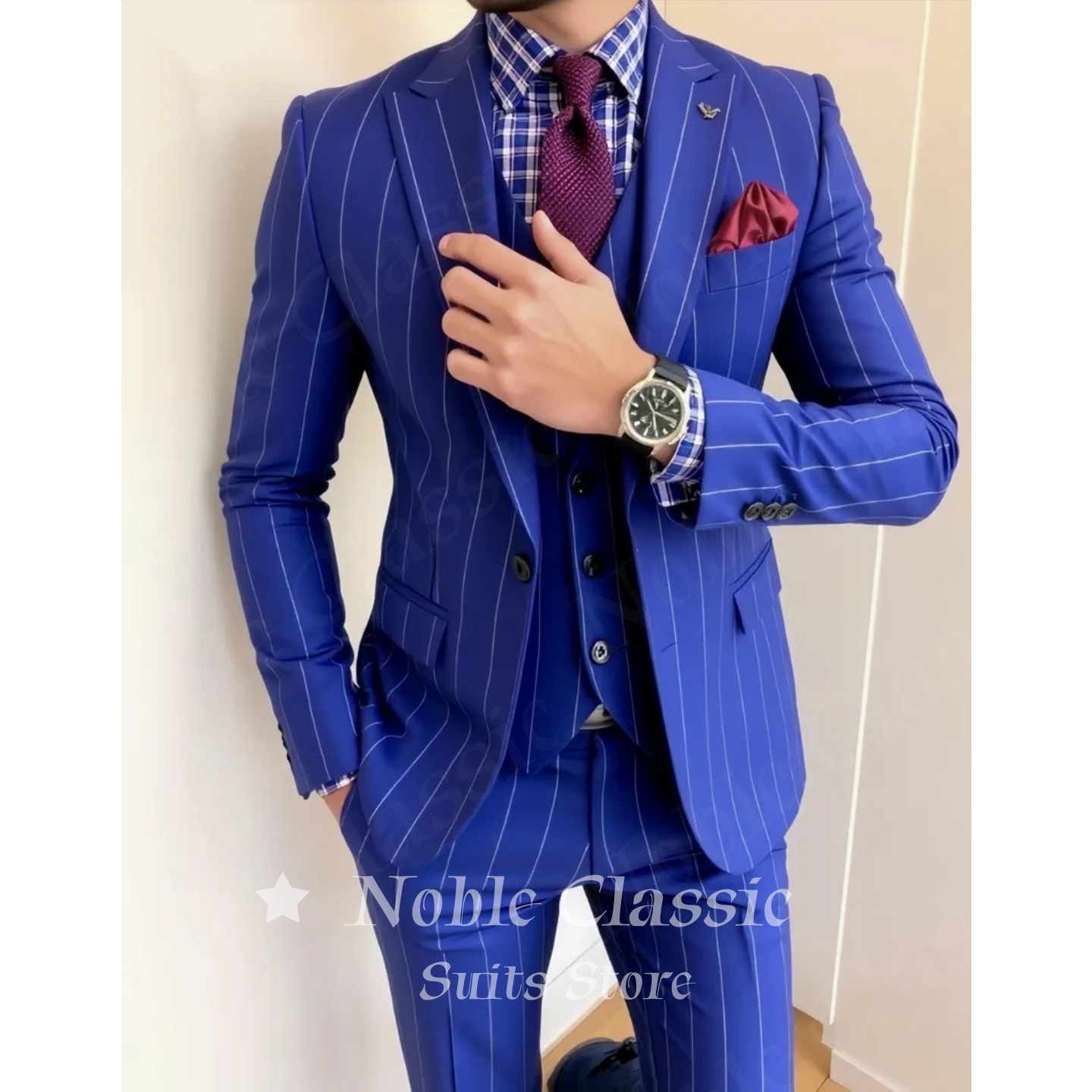 Men Formal Wear Wedding Guest - Traje de 3 Piezas Azul a