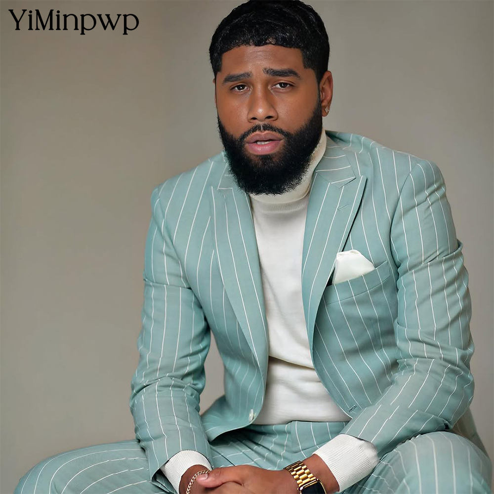 Men Formal Wear Wedding Guest - YiMinpwp-traje a rayas verde claro para