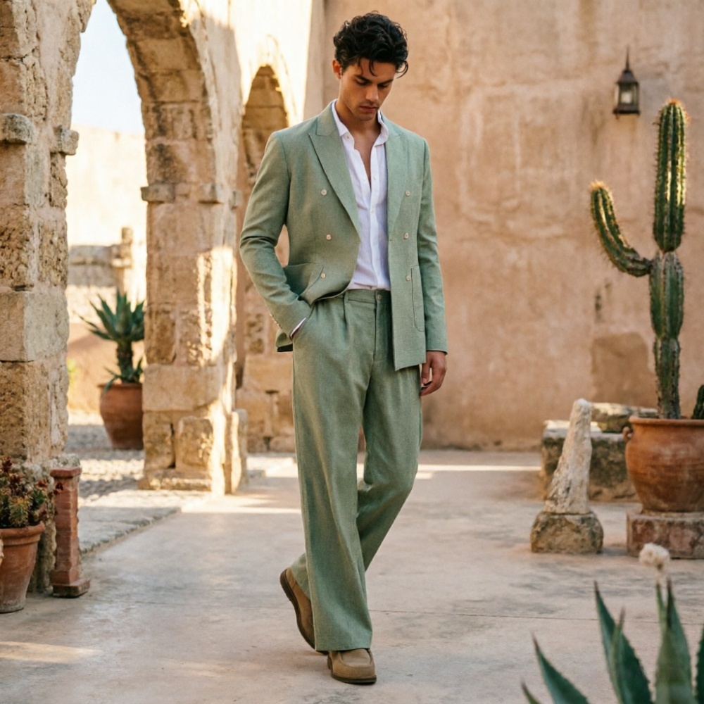Men Formal Wear Wedding Guest - Traje de Lino Verde Salvia para