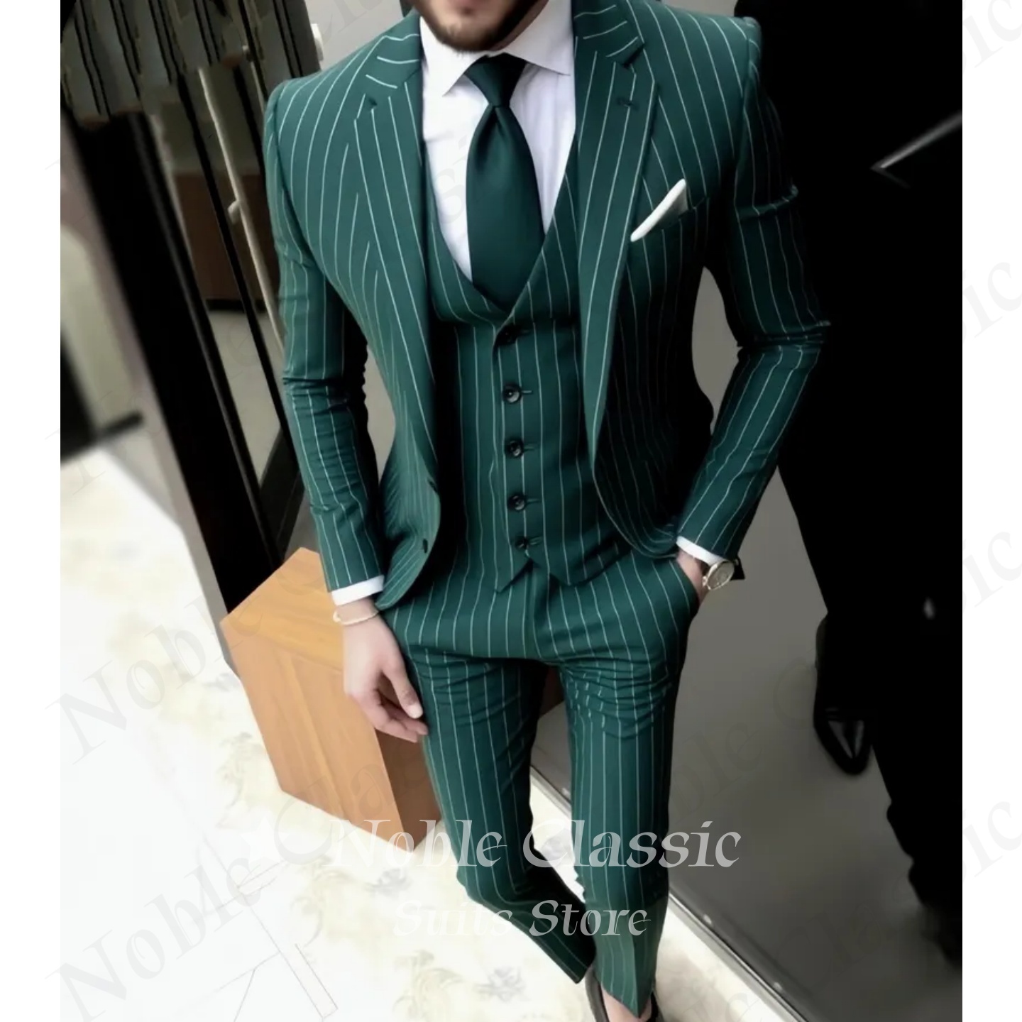 Traje de hombre verde a rayas, - Men Formal Wear Wedding Guest reseña y precio