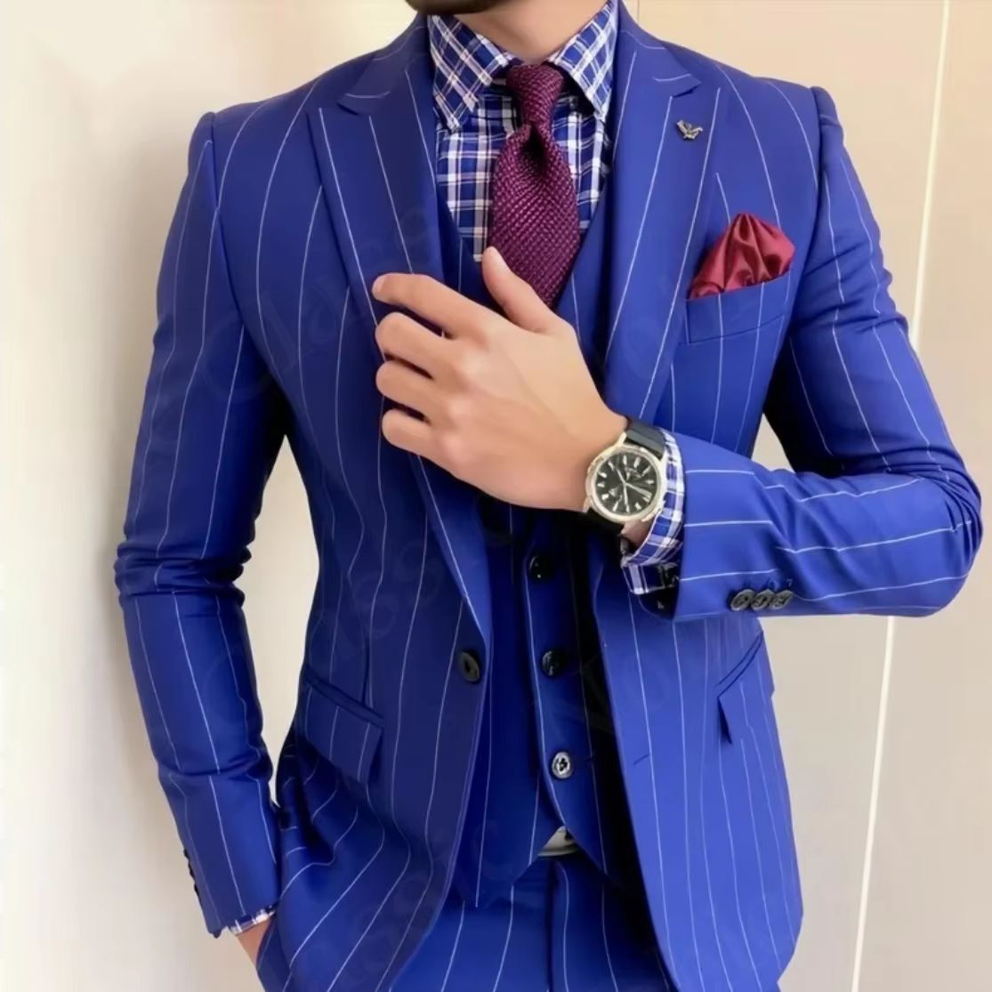 Traje de 3 Piezas Azul a Rayas - Men Formal Wear Wedding Guest reseña y precio